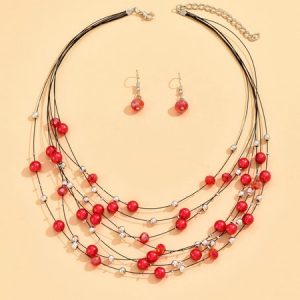 Crystal Earrings Imitation Pearl Turquoise Layer Sets, Necklace, color:Red|size:One-size, catalog Noracora shop