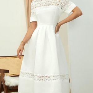 Plain Elegant Stand Collar Regular Fit Midi Dress, Dresses, color:White|size:XXL, Stylewe