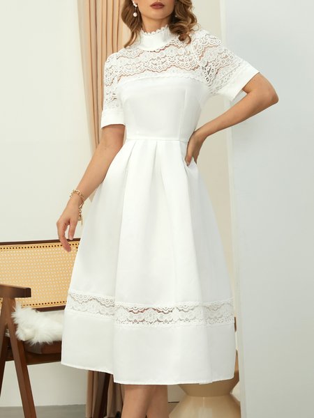 Plain Elegant Stand Collar Regular Fit Midi Dress, Dresses, color:White|size:XXL, Stylewe