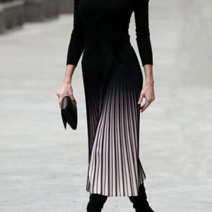 Ombre Elegant Crew Neck Pleated Sweater Dress, Midi Dresses, color:Black|size:XXL, Stylewe
