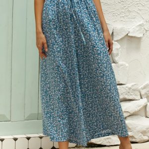 Loose Vacation Ditsy Floral Print Knot Front Slant Pocket Wide Leg Pants, Pants, color:Blue|size:XXL, JustFashionNow