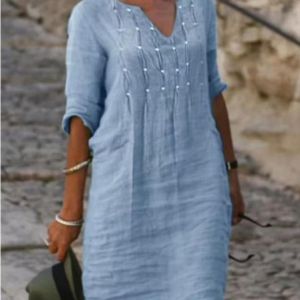Loose Plain V Neck Casual Dress, Dresses, color:Blue|size:XXL, JustFashionNow
