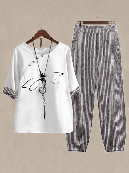 Split Joint Loose Asymmetrical Collar Casual Two-Piece Set, Suit Set, color:white-gray|size:XXL, JustFashionNow
