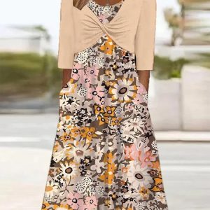 Floral Elegant Crew Neck Two-Piece Set, Casual Dresses, color:Light Orange|size:XXL, JustFashionNow