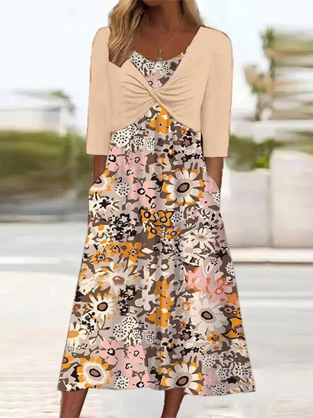 Floral Elegant Crew Neck Two-Piece Set, Casual Dresses, color:Light Orange|size:XXL, JustFashionNow