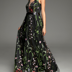 Elegant V Neck Floral Wedding Guest Dress, Maxi Dresses, color:Black|size:XL, Stylewe