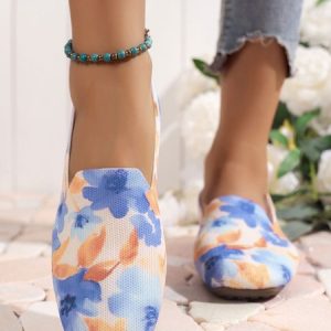 Watercolor Painting of Blue Flowers Cozy Fly Weave Loafers, Flats, color:white-blue|size:43, JustFashionNow