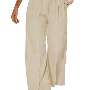 Women’s Stretchy Palazzo Dress Pants Solid Color High Waisted Wide Leg Buttons Loose Comfy Trousers, color:Apricot|size:3XL, Lilicloth.com