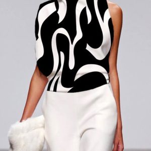 Loose Urban Stand Collar Geometric Print Blouse, Blouses and Shirts, color:Black|size:XS, Stylewe