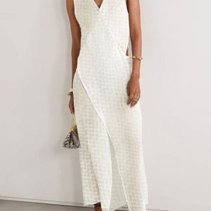 Plain Loose Vacation V Neck Long Dress, Maxi Dresses, color:Off White|size:XXL, Stylewe