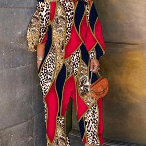 Long sleeve Cold Shoulder Urban Leopard Jumpsuit, Jumpsuits, color:Red|size:XXL, Stylewe
