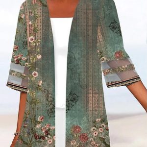 Floral Casual Mesh Loose Three Quarter Kimono, Cardigans, color:Green|size:5XL, JustFashionNow