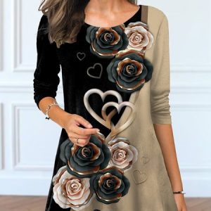Floral Casual Regular Fit A-Line Tunic, Shirts & Blouses, color:Black|size:XXL, JustFashionNow