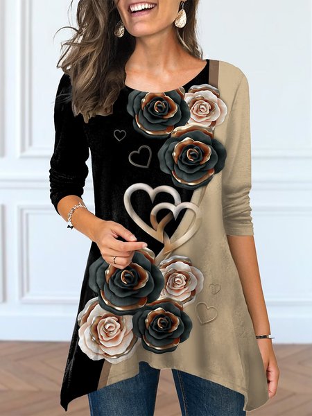 Floral Casual Regular Fit A-Line Tunic, Shirts & Blouses, color:Black|size:XXL, JustFashionNow
