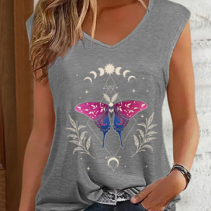 Women's Moth Moon Bisexual Pride Text Letters Simple Tank Top, color:Gray|size:3XL, Lilicloth.com