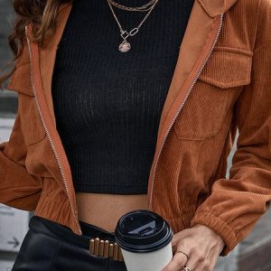 Casual Loose Pocket Stitching Corduroy Zipper Jacket, Jackets, color:Brown|size:XL, JustFashionNow
