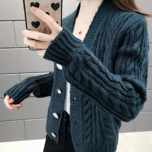 Women Wool/Knitting Plain Long Sleeve Comfy Casual Buckle Cardigan, Cardigans, color:Navyblue|size:4XL, Noracora