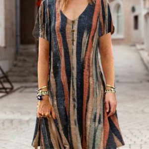 Women Casual Color Block Striped V Neck Short Sleeve Summer Cotton And Linen Dress, Midi Dresses, Roselinlin - Online Catalog