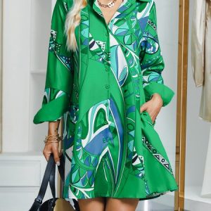 Urban Geometric Shirt Collar Dress, Dresses, color:Green|size:XS, Stylewe