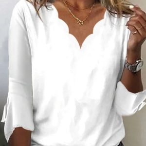 V Neck Plain Loose Ruffled Sleeves Casual T-Shirt, T-Shirts, color:White|size:XXL, JustFashionNow