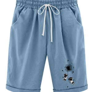 Women‘s Dandelion Knee Length Bermuda Shorts Plus Size Casual Summer Loose Fit Long Shorts Elastic Waist Shorts with Pockets, color:Blue|size:XXL, Lilicloth.com