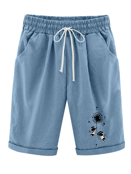Women‘s Dandelion Knee Length Bermuda Shorts Plus Size Casual Summer Loose Fit Long Shorts Elastic Waist Shorts with Pockets, color:Blue|size:XXL, Lilicloth.com