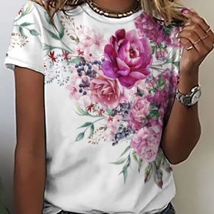 Women's Plant Floral Casual Crew Neck T-Shirt, T-shirts, Lilicloth.com