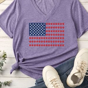 Women's Dog Paws Print American Flag Matching V Neck T-Shirt, color:Purple|size:XXL, Lilicloth.com