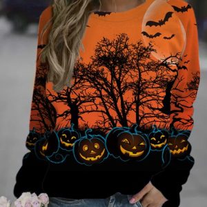Halloween Pumpkin Orange Castle Bat Sweatshirt Top for Fall, color:As Picture|size:3XL, Lilicloth.com