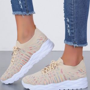 Sports Color Block Lace-Up Flat Heel Fly Woven Shoes, Sneakers&Athletic, color:Off White|size:43, Noracora
