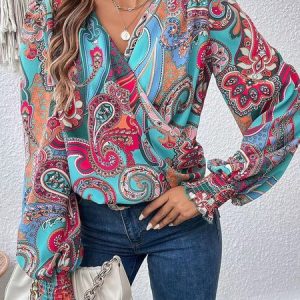 V Neck Long Sleeve Plain Regular Loose Shirt For Women, Blouses, color:flower|size:XL, Noracora