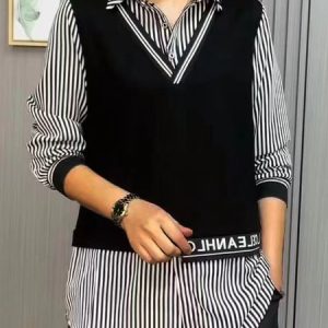 Shawl Collar Long Sleeve Striped Regular Micro-Elasticity Loose Mock Two-Piece Blouse For Women, Shirts, color:Black-white|size:5XL, Noracora