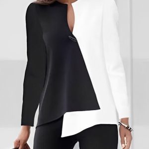 Color Block Long sleeve Simple Loose Blouse, Blouses and Shirts, color:Black-white|size:XS, Stylewe