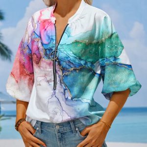 Ombre Casual V Neck Loose Shirt, Shirts & Blouses, color:Blue|size:XXL, JustFashionNow