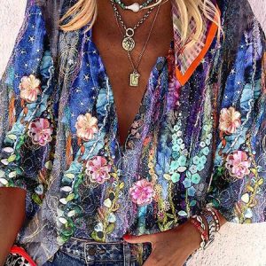 Floral Casual Loose Cotton Blouse, Shirts & Blouses, color:Purple|size:XXL, JustFashionNow