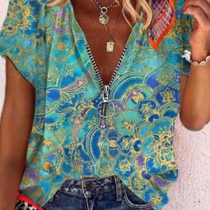 Shift Short Sleeve Vintage Blouse, Shirts & Blouses, color:Green|size:XXL, JustFashionNow