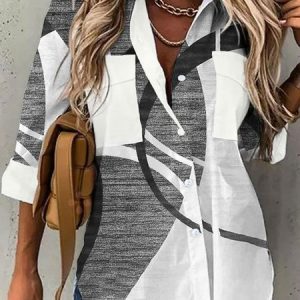 Loose Abstract Printed Casual Blouse, Shirts & Blouses, color:Black-white|size:XXL, JustFashionNow