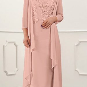 Women Plain Crew Neck Three Quarter Sleeve Comfy Party Coat With Skirt Two-Piece Set, Sets, color:Pink|size:5XL, Noracora