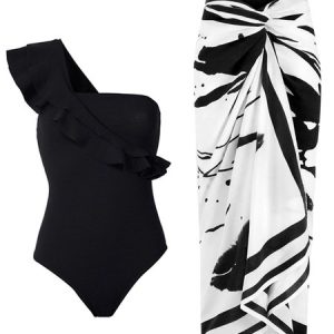 Vacation Abstract Printing One Shoulder One Piece With Cover Up, One-Pieces, color:Black|size:XXL, Stylewe