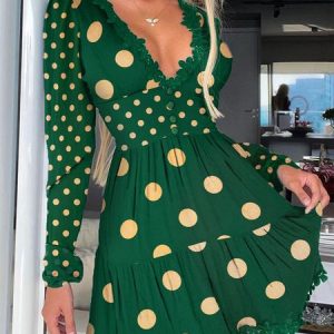 Regular Fit V Neck Elegant Polka Dots Lace Edge Dress, Mini Dresses, color:Green|size:XXL, Stylewe