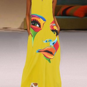 Vacation V Neck Figure Woven Dress, Maxi Dresses, color:Yellow|size:XS, Stylewe