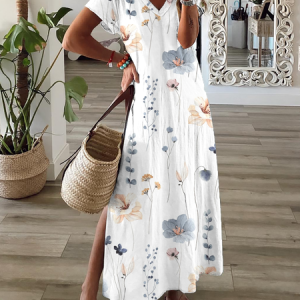 Floral V Neck Casual Dress, Maxi, color:White|size:XXL, Noracora