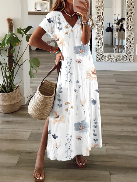 Floral V Neck Casual Dress, Dresses, color:White|size:XXL, JustFashionNow