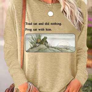 Women's Funy Frog And Toad Cotton-Blend Crew Neck Casual Long Sleeve Shirt, color:Khaki|size:3XL, Lilicloth.com