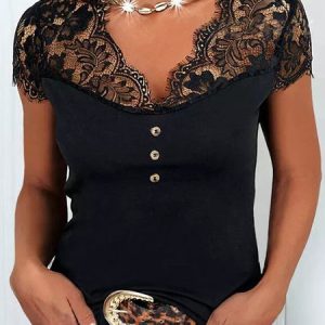 JFN V Neck Lace Solid Buttoned Party Blouse, T-Shirts, color:Black|size:XXL, JustFashionNow