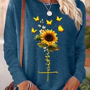 Women‘s Faith Cotton-Blend Simple Crew Neck Sunflower Long Sleeve Top, color:Blue|size:3XL, Lilicloth.com