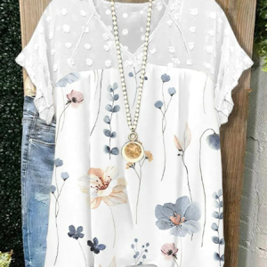 V Neck Chiffon Loose Casual Floral Shirt, Shirts & Blouses, color:White|size:XXL, JustFashionNow