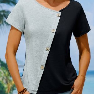 Casual V Neck Two Tone Button Front Color Block T-Shirt, T-Shirts, color:Lightgreen|size:XXL, JustFashionNow