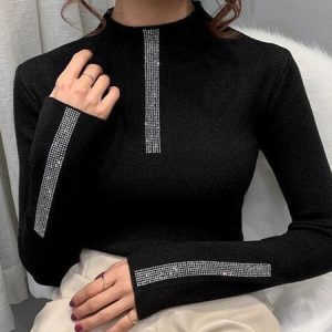 Long sleeve Plain Elegant Tight Sweater, Pullovers, color:Black|size:XXL, Stylewe