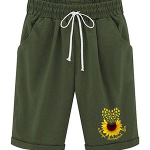 Women‘s Sunflower Knee Length Bermuda Shorts Plus Size Casual Summer Loose Fit Long Shorts Elastic Waist Shorts with Pockets, color:Army Green|size:XXL, Lilicloth.com